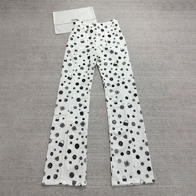 chanel coin icon print high waist straight leg denim trousers
